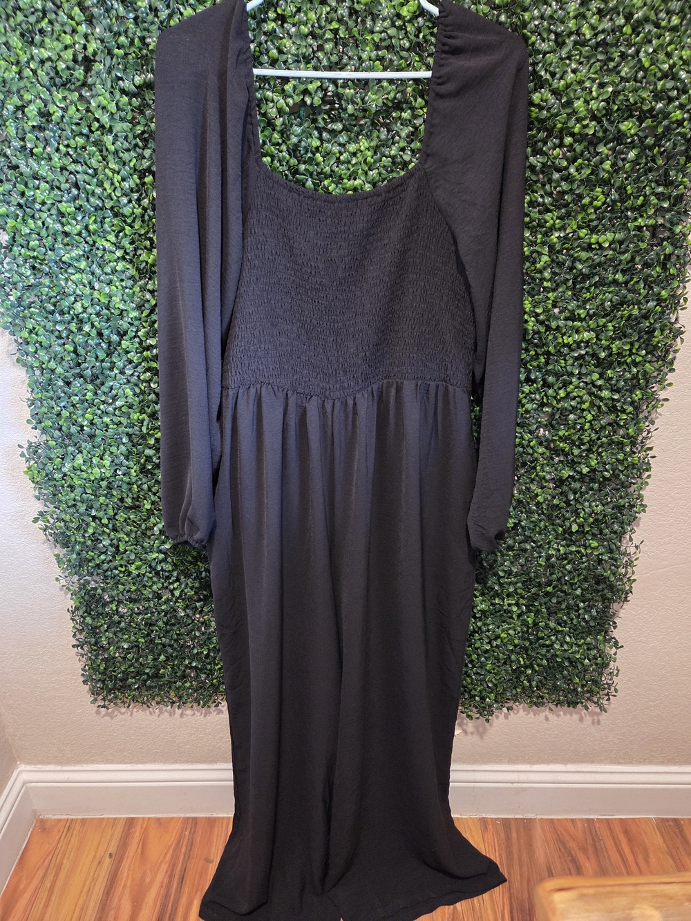 Long-Sleeve Black Smocked-Waist Jumpsuit